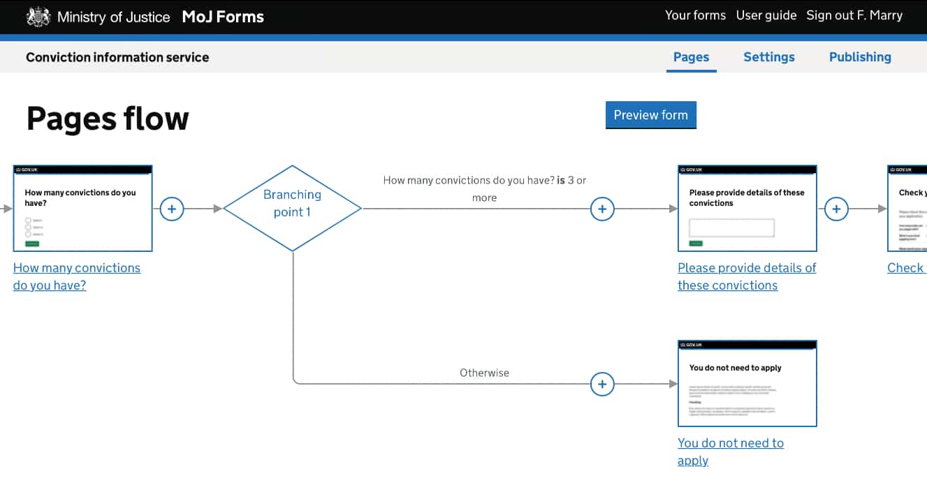 Screenshot of MoJ Forms showing its flow view with conditional branching.