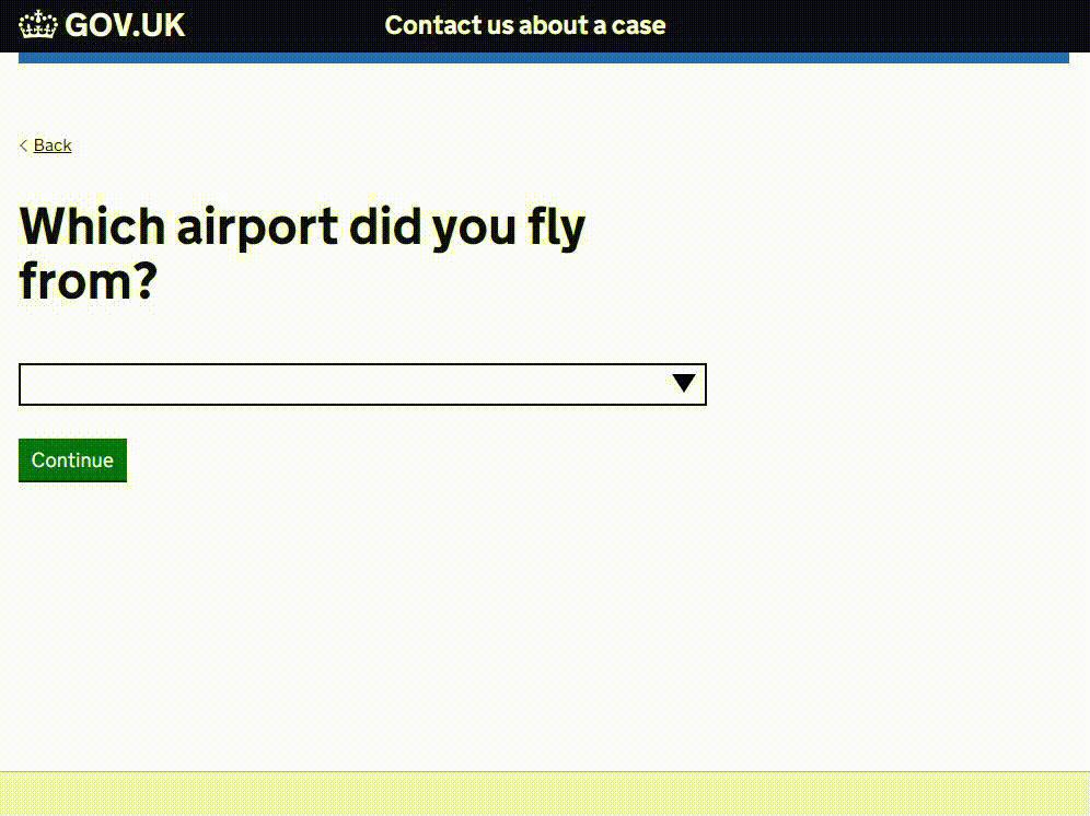 This short animation shows an autocomplete question being filled in. The question is 'Which airport did you fly from?' and there is a blank text field beneath it. The cursor moves to the text field and a dropdown appears listing UK airports. The options are filtered as the letters 'l o n' are typed into the field and London Heathrow is selected.