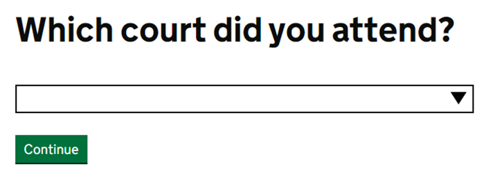 An example of an autocomplete question. The question asks which court did you attend?