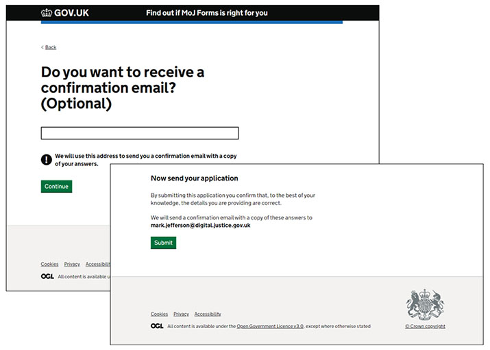 Two screenshots show the places where disclaimers are added automatically to forms that send confirmation emails. In one, a question page is titled Do you want to receive a confirmation email? with a disclaimer that reads We will use this address to send you a confirmation email with a copy of your answers. The second screenshot shows the check answers page with a disclaimer and submit button.