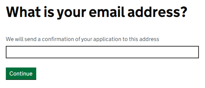 An example of an email address question. The question asks what is youe full address? The hint text reads we will send a confirmation of your application to this address.