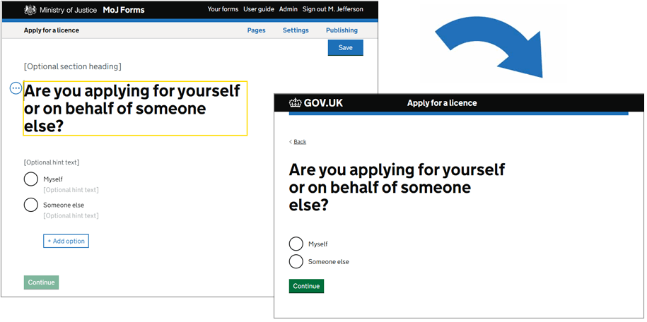 Two screenshots are shown alongside each other. One shows a single question page in the MoJ Forms editor. The question reads Are you applying for yourself or on behalf of someone else? and 2 radio buttons present the options of myself and someone else. The second screenshot shows the same page in the final form without any edit options or menus.