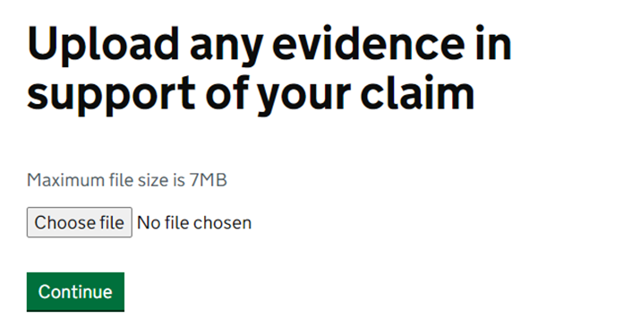 An example of a file upload question. The title reads upload any evidence in support of your claim. The hint text reads maximum file size 7Mb.