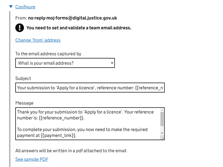 A screenshot from the MoJ Forms editor shows the settings page for a confirmation email. The message includes placeholder text indicating where the payment link will be inserted.