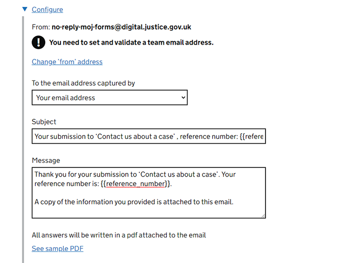 A screenshot from the MoJ Forms editor shows the settings page for a confirmation email. The subject and message both include placeholder text indicating where the reference number will be inserted.