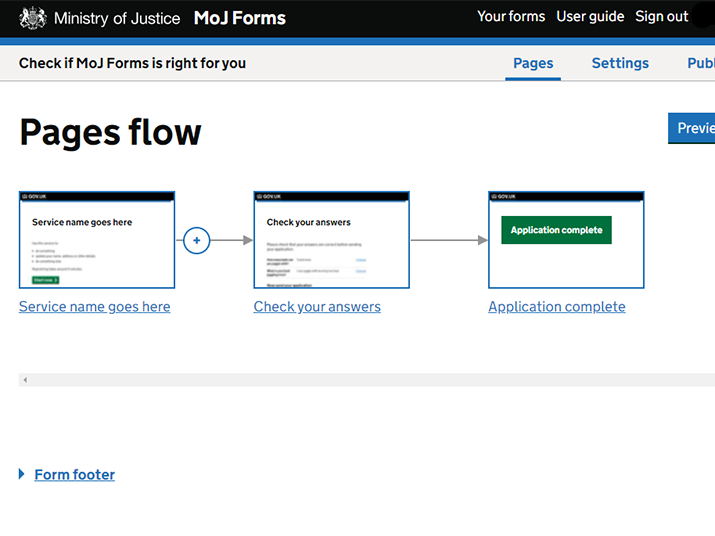 A new form is created with a start page, check answers page and confirmation page.