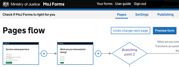 Screengrab showing the MoJ Forms flow view. A button labelled Undo change next page is visible alongside the Preview button.