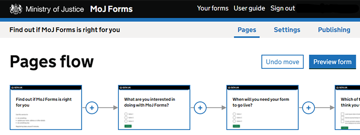Screengrab showing the MoJ Forms flow view. A button labelled Undo move page is visible alongside the Preview button.
